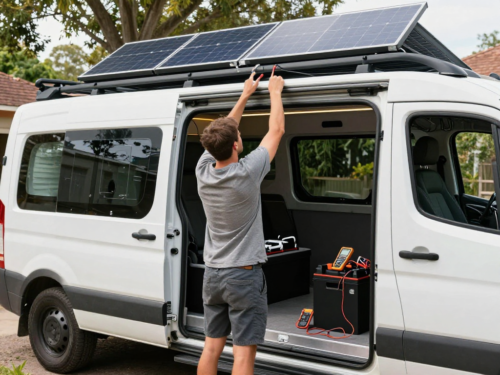 ROKOK88 electrical upgrade for van conversion with builder installing solar panels and battery systems.