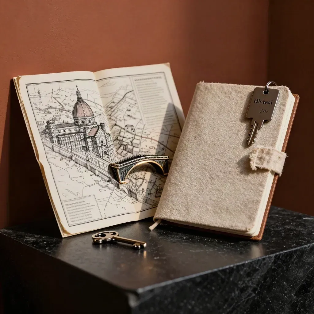 Set viaggio Firenze con mappa piegata, ciondolo ponte e taccuino su fondo scuro