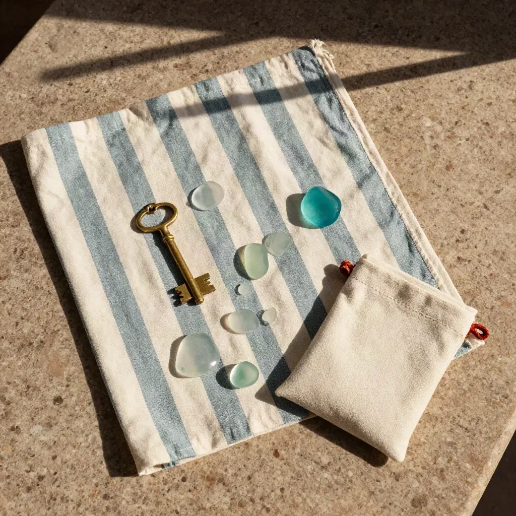 Kit Amalfi in flatlay: lino rigato, vetri di mare e chiave villa su pietra chiara.