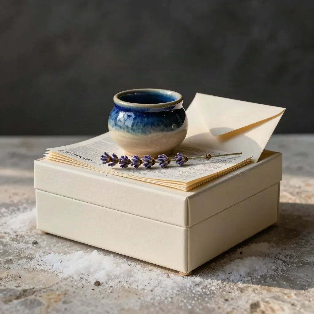 Box viaggio Sicilia Ovest con ceramica salata, lavanda e buste su sfondo in gesso scuro.