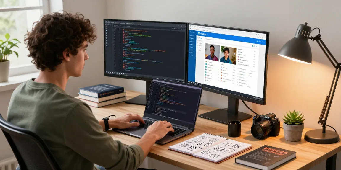 Using the Telegram web version on dual monitors in a modern workspace with coding books and tech gadgets.