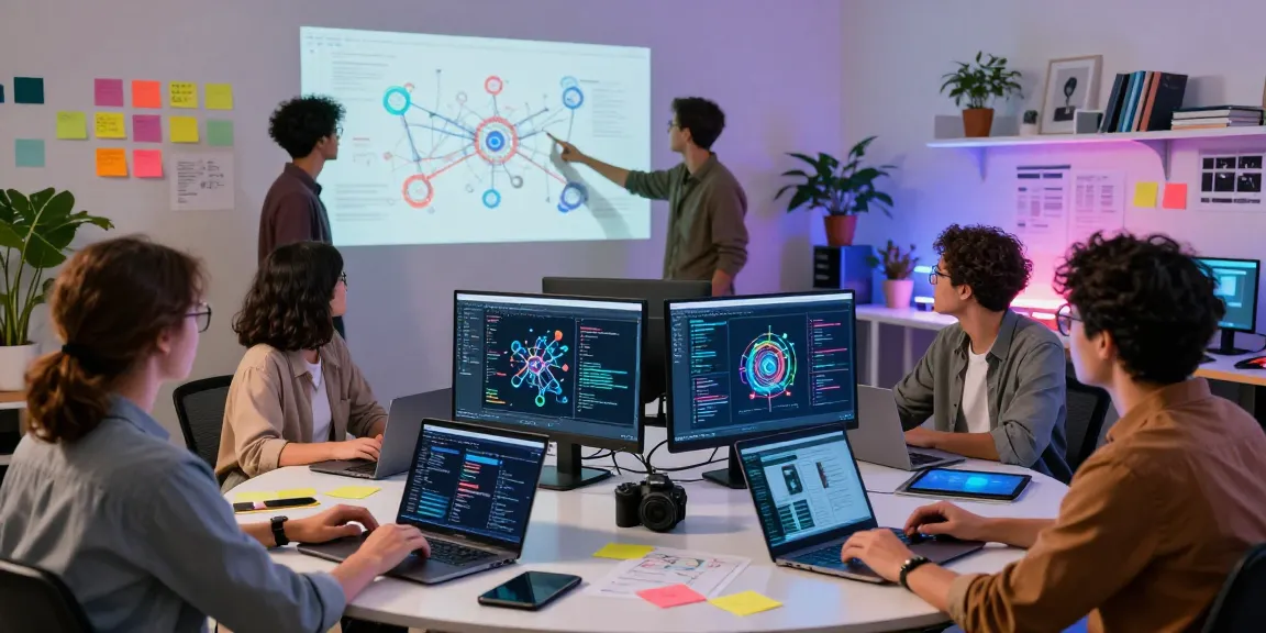 Diverse team of developers collaborating on spicy AI technology in a modern lab.
